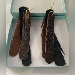 Brown Black Textured Leather Fringe Earrings